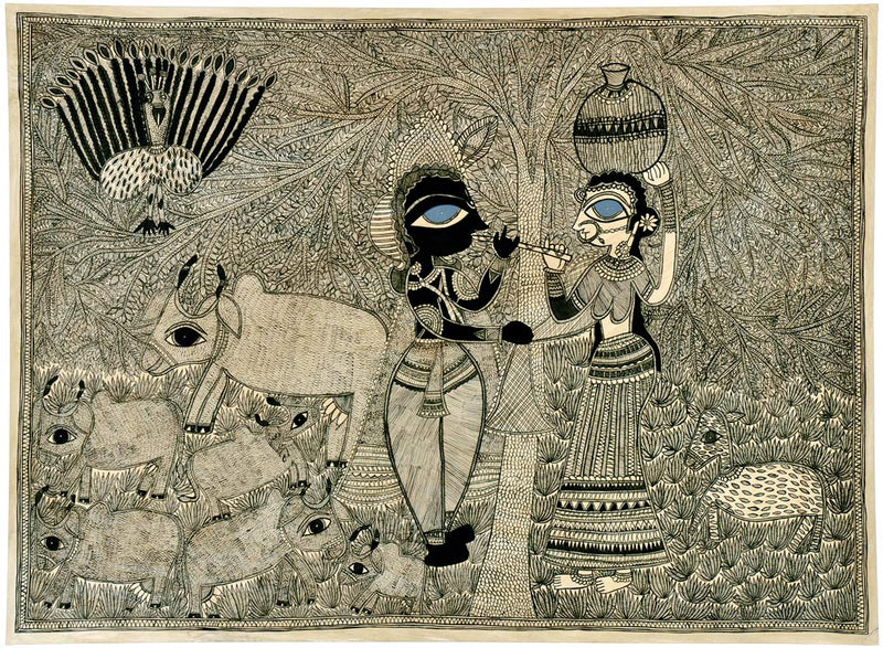 'Krishna Mesmerizes Radha' Madhubani Painting