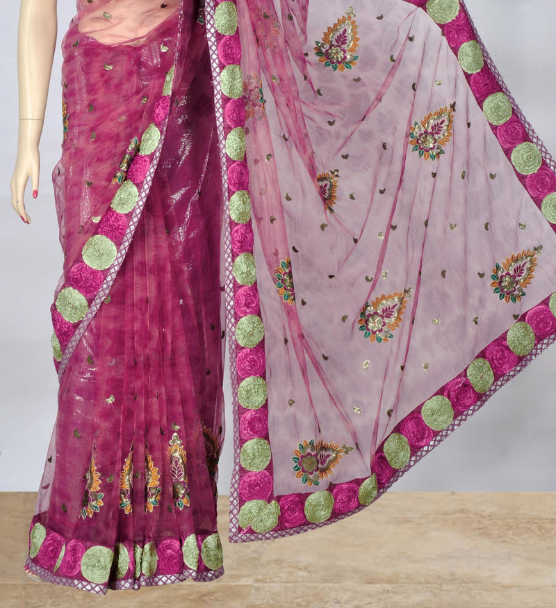 Purple Net Saree with Resham Thread Work