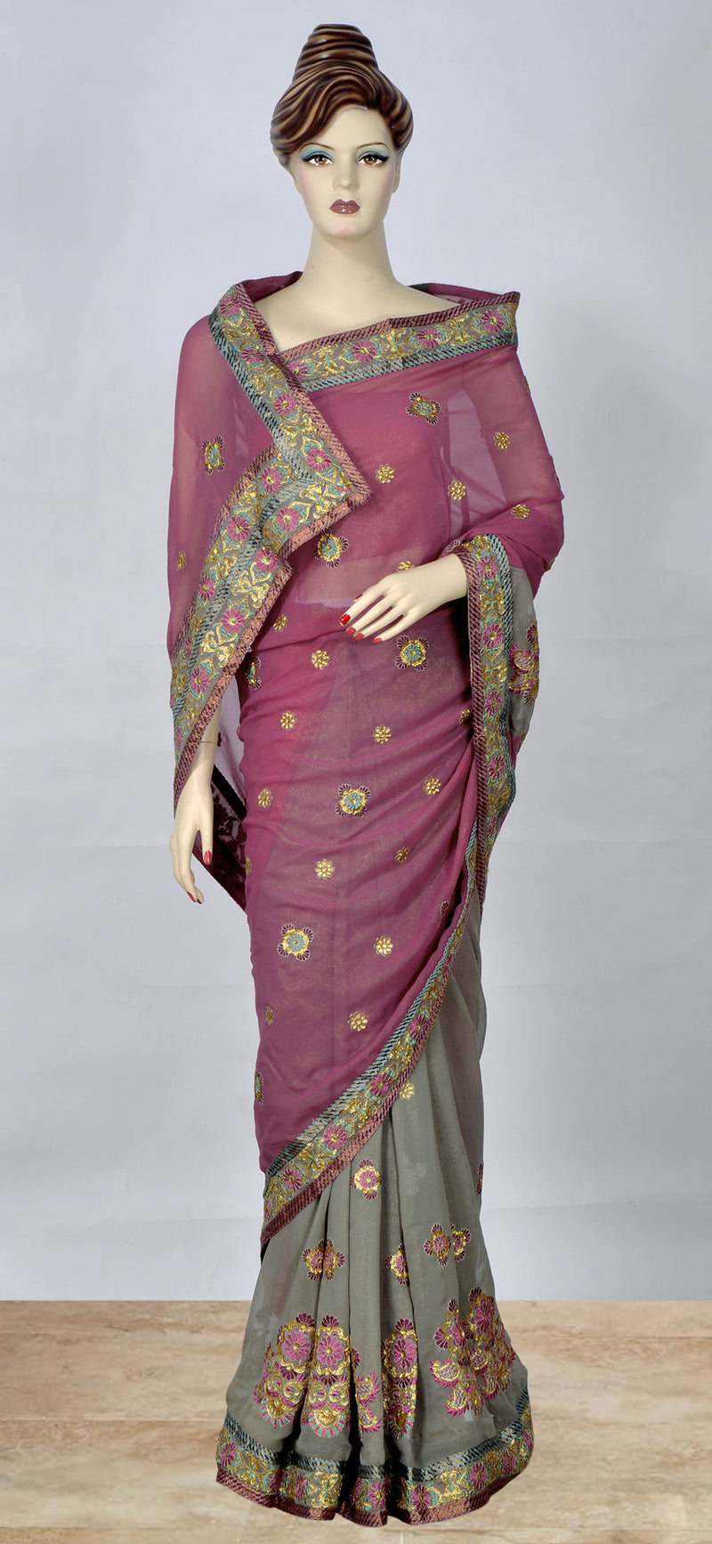 Purple Fusion Sari with Heavy Embroidery