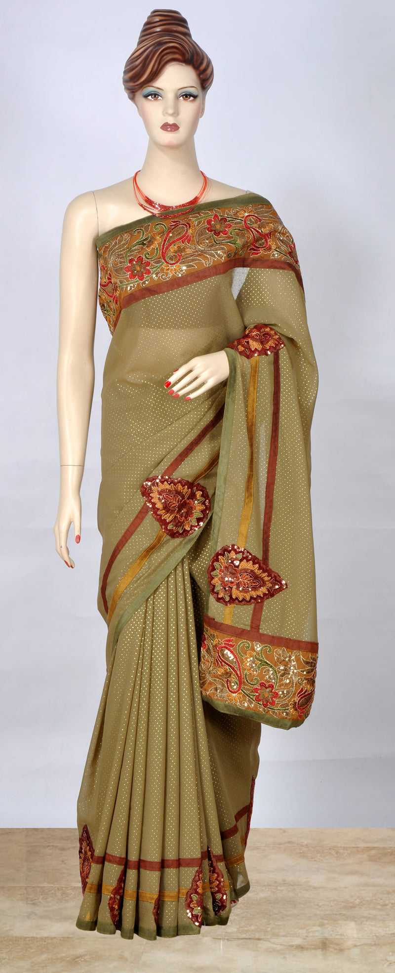 Henna Green Saree with Heavy Border and Patch Work