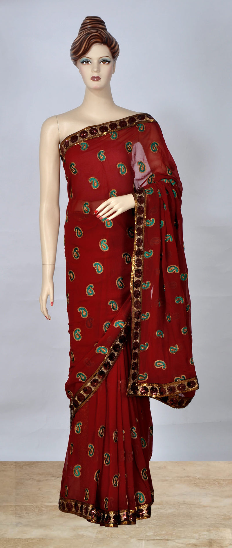 Red Embroidered Saree with All-Over Paisley Design