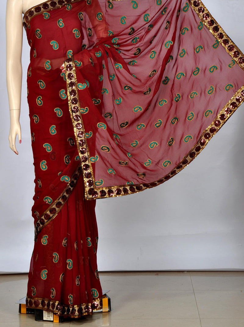 Red Embroidered Saree with All-Over Paisley Design