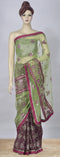 Half Green Half Burgundy Saree with Floral Embroidery