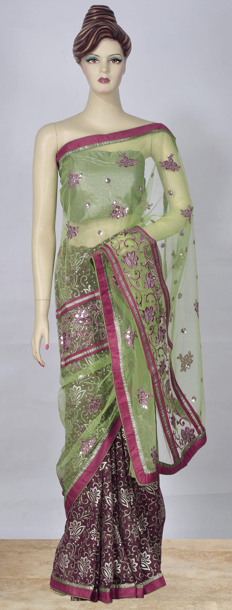 Half Green Half Burgundy Saree with Floral Embroidery