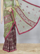 Half Green Half Burgundy Saree with Floral Embroidery