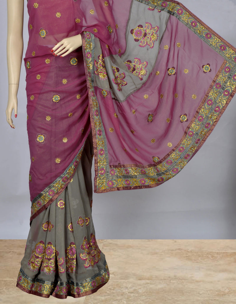 Purple Fusion Sari with Heavy Embroidery