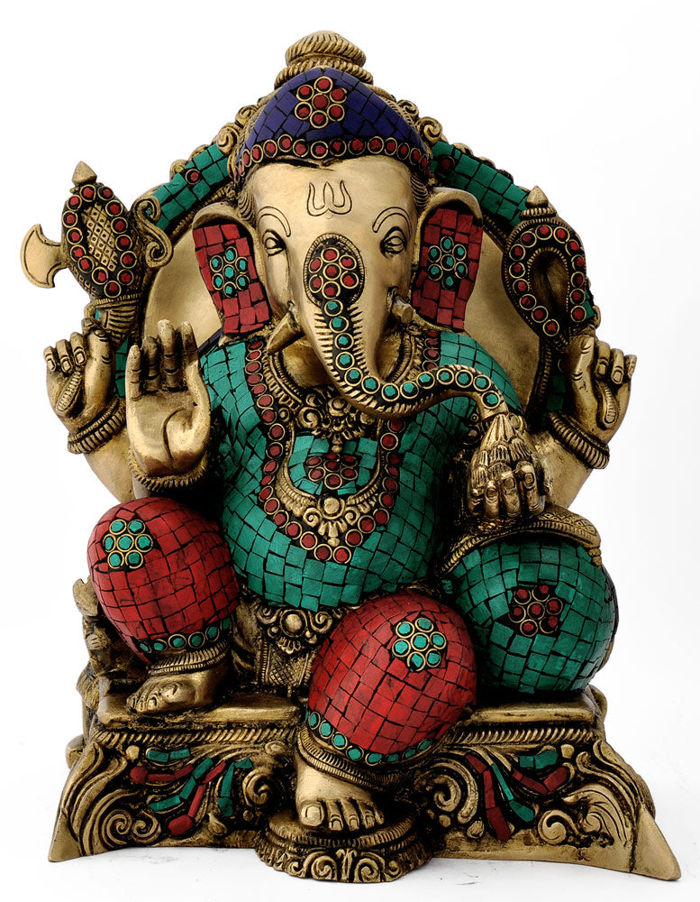 Mosaic Enthroned Brass Ganesha 12.50"