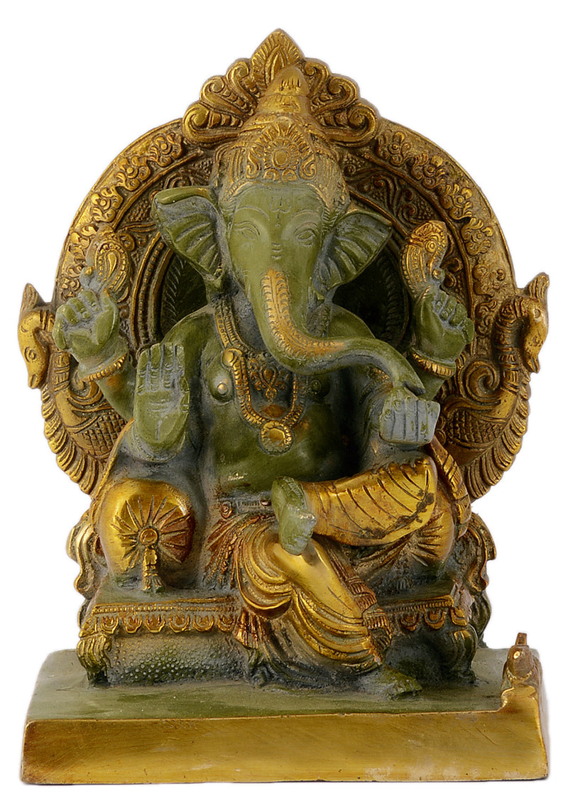 Lord Vighnaharta Ganesha Seated on Throne Brass Statue with Green Antique Finish