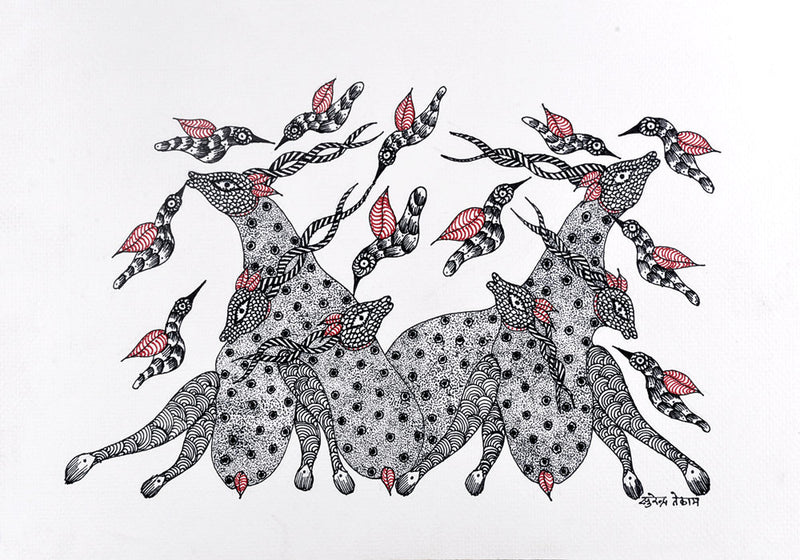 Resting Animals Gond Tribal Painting