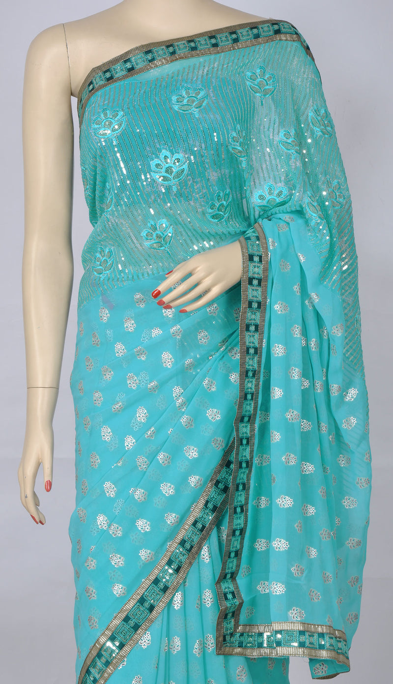 Turquoise Saree with Sequins Work on Upper Pallu