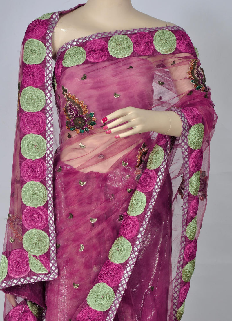 Purple Net Saree with Resham Thread Work